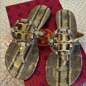 Tory Burch Snakeskin Flip Flops with Gold Emblem